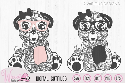 Paisley Hipster pug, doodle dog, zentangle pub, Line art, pug dog, svg cut file