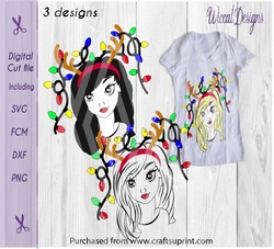 Girl with antlers and Christmas lights, Girl face, Line art girl, teen,Girl silhouet, cut file