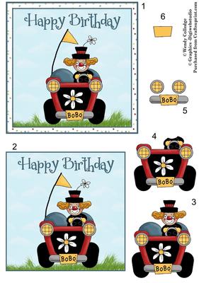 Circus Clown Birthday Card Topper Blue