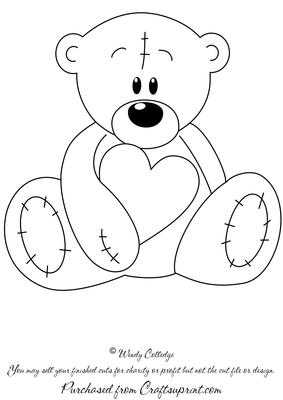 Stitched Bear & Heart Digital Stamp / Glass Painting