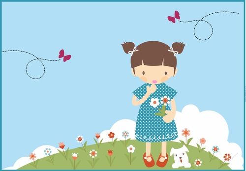 Blank - Card front / topper - girl, pup & flowers
