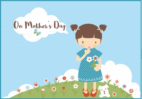 Mothers Day - Card front / topper - girl, pup & flowers