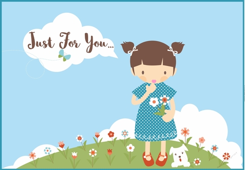 For You - Card front / topper - girl, pup & flowers