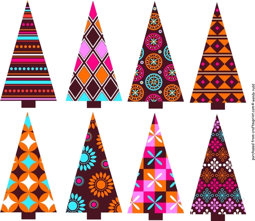 Funky Bright Christmas Tree toppers for card fronts, tags etc