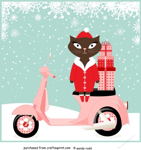 Cute Christmas cat on Scooter bike - card front / topper