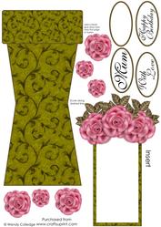 Vintage Pink Rose & Olive Green Flower Pot Card