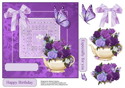 Cream Teapot of Flowers on Purple Background