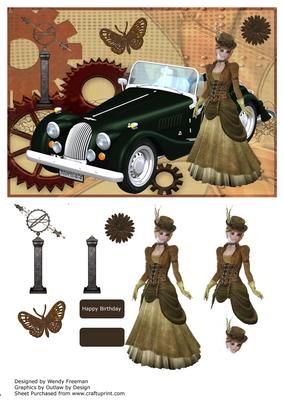 Morgan Car on Steam Punk Background with Lady