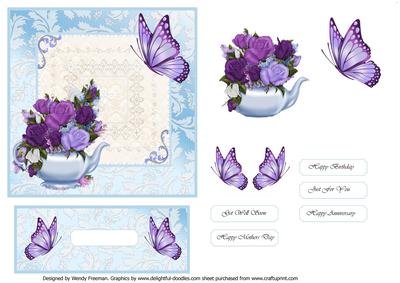 Blue with White Lace and Teapot of Roses