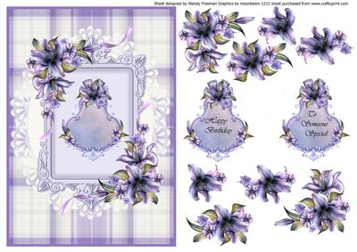 Winter Lilies on White Lace Background and Lilac Plaque