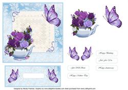 Blue with White Lace and Teapot of Roses