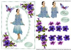 Art Deco Lady in Blue with Petunias