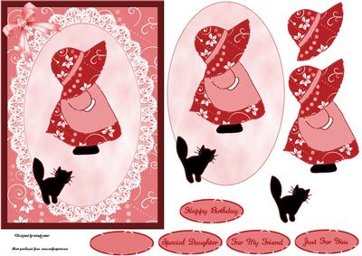 Pink Bonnet Girl and Cat Decoupage