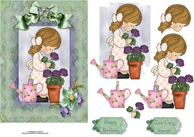 Cute Flower Potting Girl with Decoupage