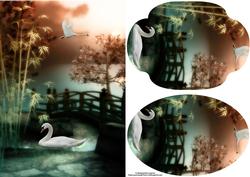 Swans on Oriental Background with Toppers