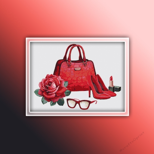 Red Handbag 1 Cross Stitch Pattern - High Heel Shoes, Lipstick, Glasses, Red Rose
