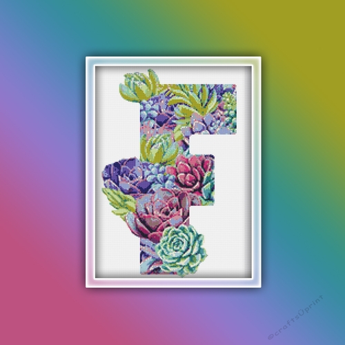 Succulent F Alphabet Letter Monogram Cross Stitch Pattern PDF