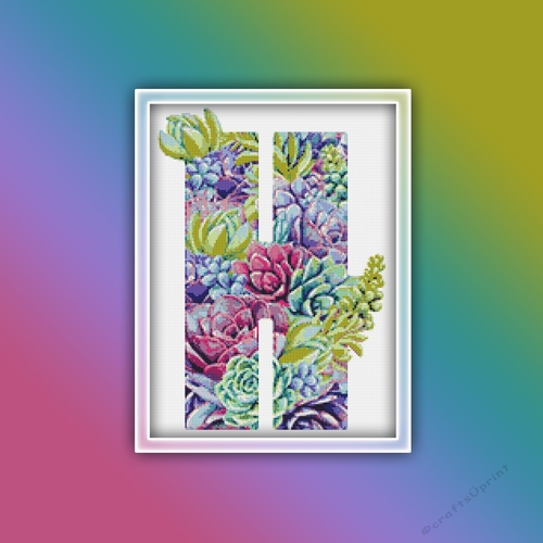 Succulent H Alphabet Letter Monogram Cross Stitch Pattern PDF