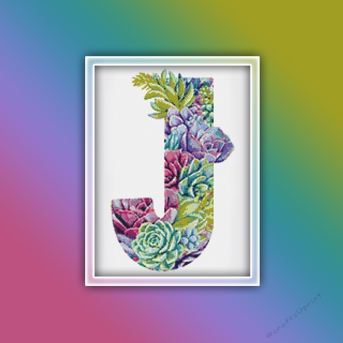 Succulent J Alphabet Letter Monogram Cross Stitch Pattern PDF