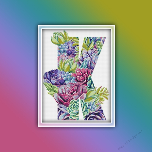 Succulent K Alphabet Letter Monogram Cross Stitch Pattern PDF