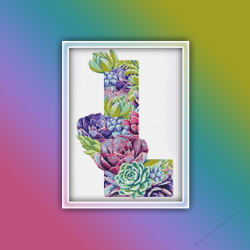 Succulent L Alphabet Letter Monogram Cross Stitch Pattern PDF