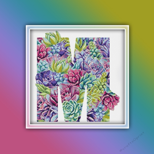Succulent M Alphabet Letter Monogram Cross Stitch Pattern PDF