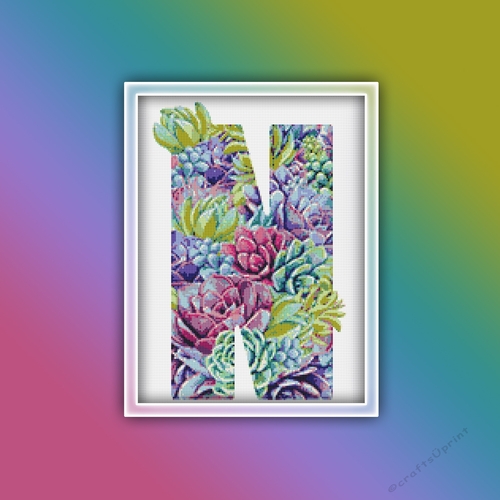 Succulent N Alphabet Letter Monogram Cross Stitch Pattern PDF