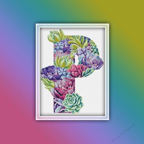 Succulent P Alphabet Letter Monogram Cross Stitch Pattern PDF