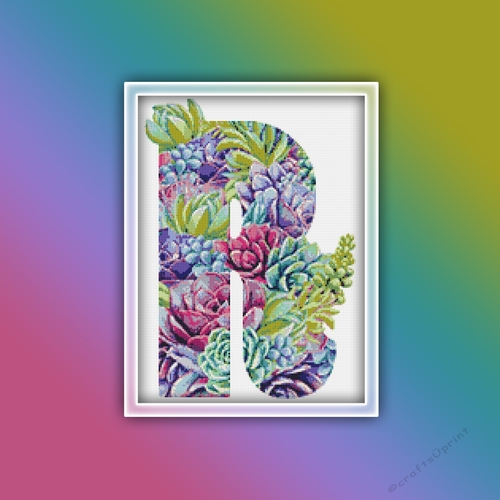Succulent R Alphabet Letter Monogram Cross Stitch Pattern PDF