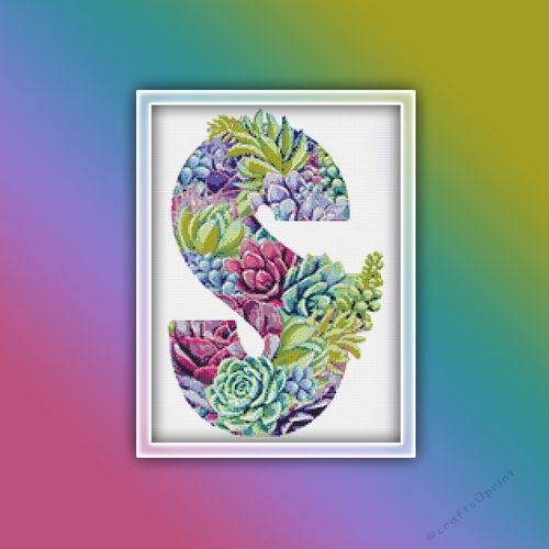 Succulent S Alphabet Letter Monogram Cross Stitch Pattern PDF
