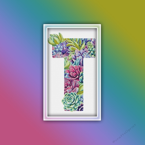 Succulent T Alphabet Letter Monogram Cross Stitch Pattern PDF