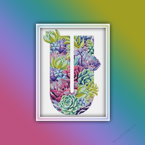 Succulent U Alphabet Letter Monogram Cross Stitch Pattern PDF