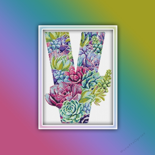 Succulent V Alphabet Letter Monogram Cross Stitch Pattern PDF