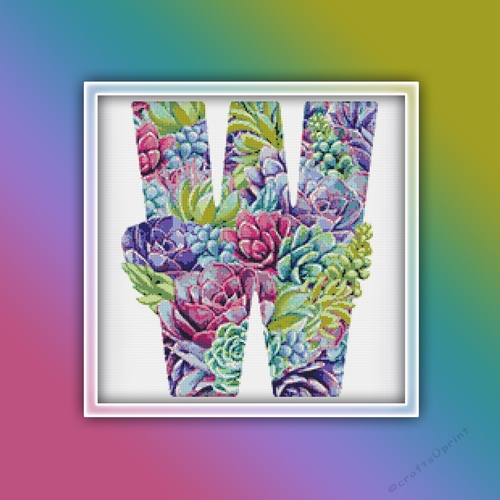 Succulent W Alphabet Letter Monogram Cross Stitch Pattern PDF