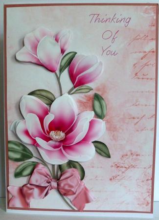 Pink Magnolias Thinking of You Card Front with Decoupage by Nicky Thorne