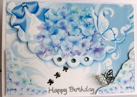 Lilac/blue Hydrangeas on Scalloped Envelope with Bows by Nicky Thorne