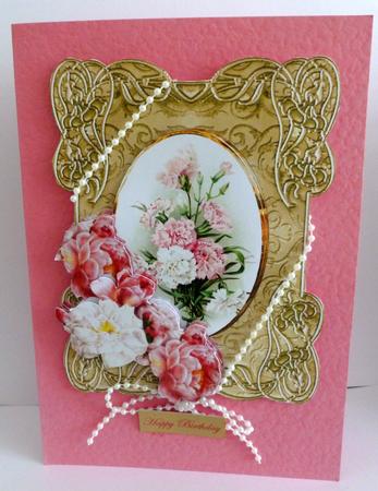 Carnation and Rose Card Front with Decoupage by Nicky Thorne