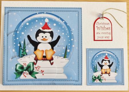 Xmas Sledging Penguin Snowglobe Shell Edged Corner Stacker by Carmelina Borg Cuschieri
