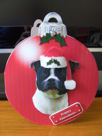 Staffie ,black & White,christmas Bauble 3D Decoupage by Julie Morgan