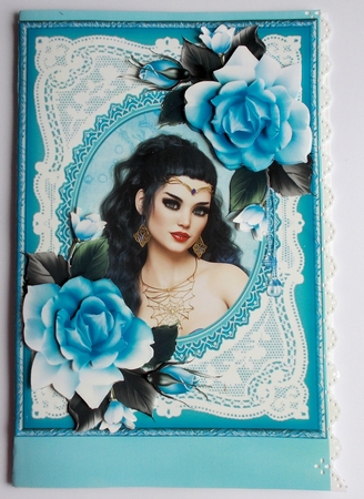 The Dark Haired Lady And Teal Roses Portrait by Sharon Wilson