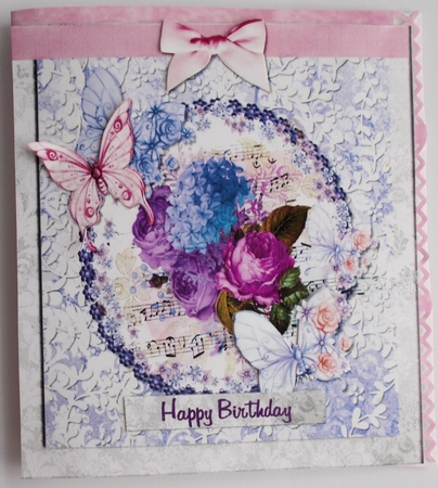 6 x 6 Card Front Hydrangea/Roses Bouquet with Lace/Butterflies, Lilac/Pink/White by Sharon Wilson