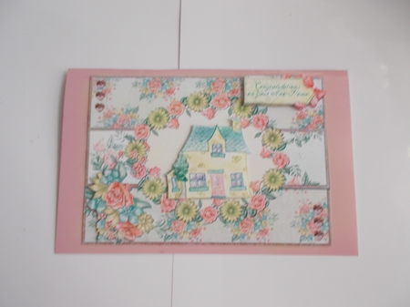 A5 Card Front Cottage/Wreath with Topper and Sentiment Tags Pink/Yellow/Green by Sharon Wilson