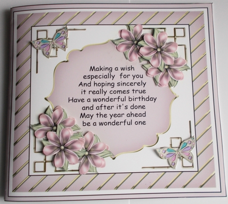 Pink and gold floral frame 7 x 7 card with decoupage and optional butterflies by Sharon Wilson