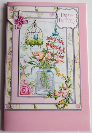 A5 Card Front Floral Vase/Birdcages with Topper and Sentiments Pink/Aqua by Sharon Wilson