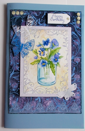 A5 Card Front Pansy Vase/Papercut Butterflies with Toppers and Sentiment Tags, Violet by Sharon Wilson