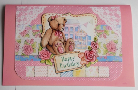 A5 Card Front Teddy Bear with Topper and Sentiment Tags, Pink/Lace Background by Sharon Wilson