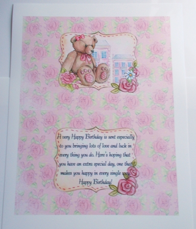 A5 Card Insert Teddy Bear on Pink Floral Background, Blank by Sharon Wilson