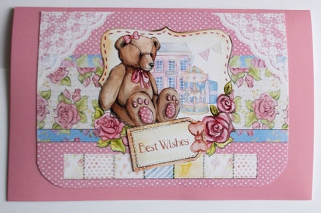 A5 Card Insert Teddy Bear on Pink Floral Background, Blank by Sharon Wilson