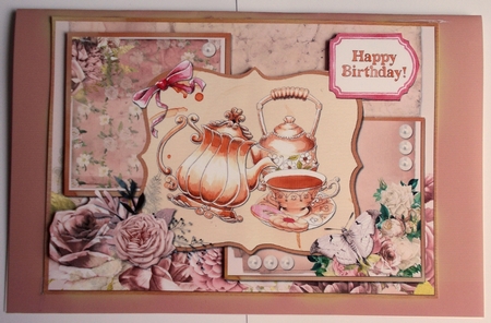 A5 Card Front Floral Teapot/Teacup with Toppers and Sentiment Tags Peach/Cream by Sharon Wilson