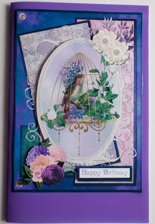 A5 Card Front Birdcage with Toppers and Sentiments. Lilac/Pink/Purple by Sharon Wilson